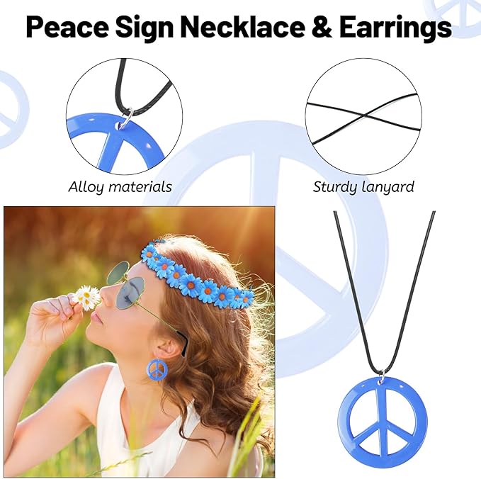 Hippie Costume Set Includes Peace Sign Necklace and Earring, Flower Crown Headband and Sunglasses 60s 70s Party Accessories