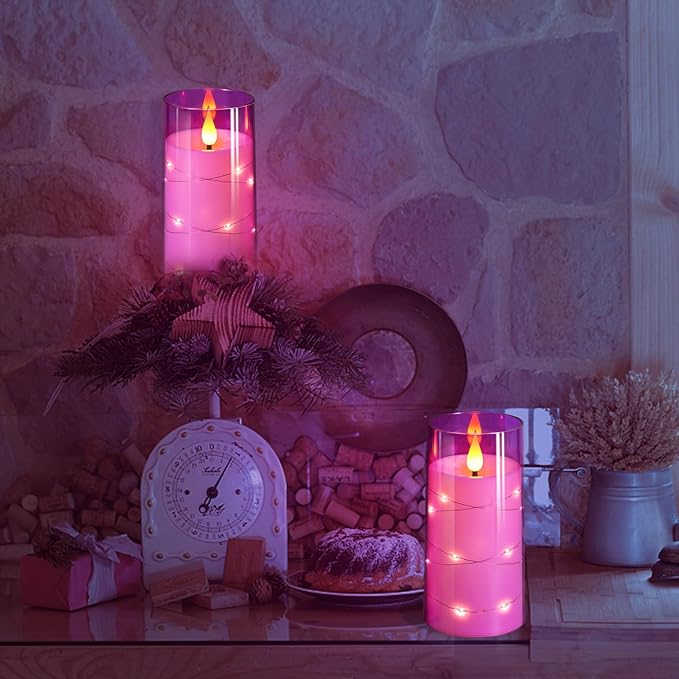 NURADA Flickering Flameless Candles: Built-in Star String Lights 3D Wick Acrylic Battery Operated LED Pillar Candles with Remote and Timer for Table Wedding Centerpieces Party 3 Pack Purple