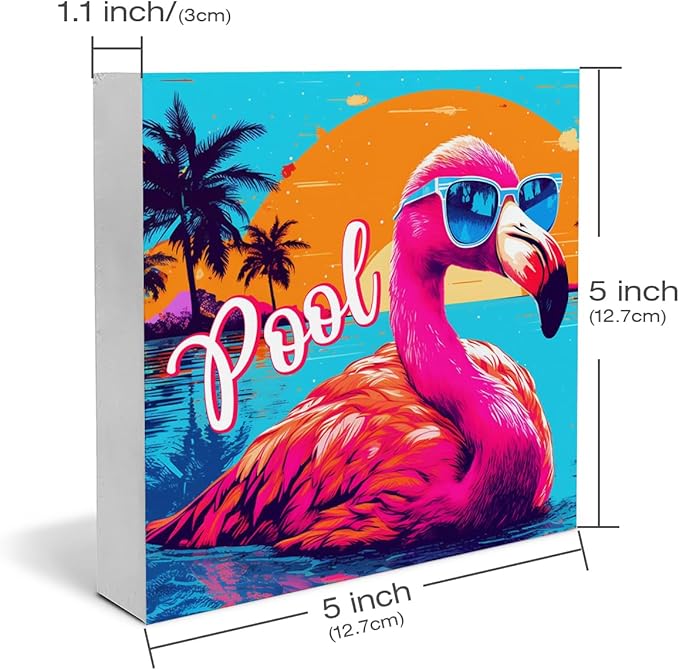 Flamingo Decor Summer Wood Block Sign Sun Decorations for Home Desk Table Shelf 5 x 5 Inches