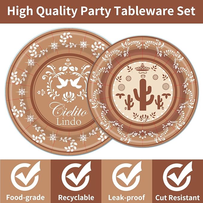 96Pcs Cielito Lindo Party Decorations Disposable Tableware Set - Cielito Lindo Paper Plates Napkins Forks Mexican Cinco de Mayo Fiesta Baby Shower Birthday Party Supplies Serve 24 Guests