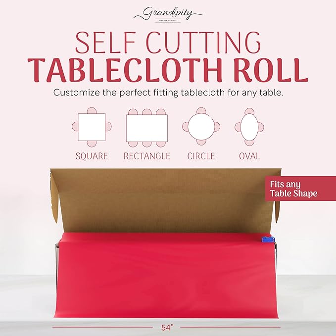 Grandipity Plastic Tablecloth Roll - 54in x 100 Ft. Red Plastic Table Cloths for Parties Disposable with Cutter Box - Cut to Size Disposable Tablecloth Table Cover for Rectangle & Round