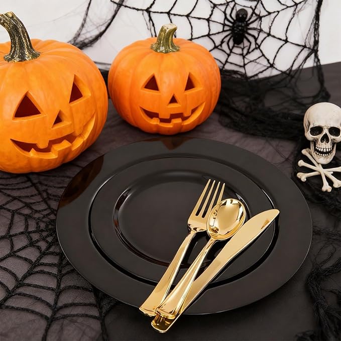 MENDENG 50PCS Black Plastic Plates for Party, 25x10.25 Dinner Plates & 25x7.5 Dessert Plates, Heavy Duty Disposable Plastic Plates for Party Halloween Picnic BBQ