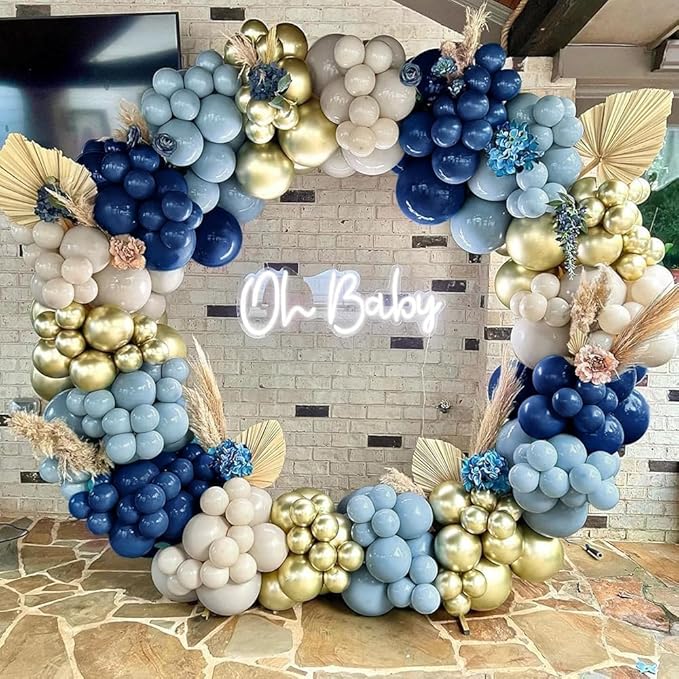 Navy Blue Balloon Garland Double Stuffed Dusty Blue Gold White Sand Balloons Beige Cream Metallic Latex Arch Kit for Neutral Baby Shower Gender Reveal Birthday Wedding Graduation Party Decorations