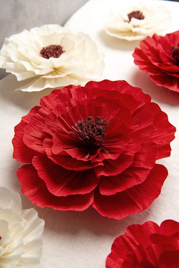 Paper Flower Decorations for Wall, Flower Wall Decor for Birthday Wedding Backdrop Baby Nursery Wall Decor Baby Showers Bridal Shower (Red+White, 6Pcs)