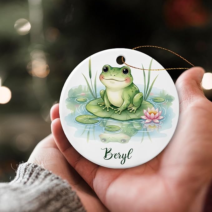 Funny Frog Christmas Holiday Ornament, Frog Ceramic Ornament with Personalized Name, Gift for Dad Mom Friends Coworkers Nature Lover, Frogs with Nature Keepsake Decor, Customized Animal Ornaments