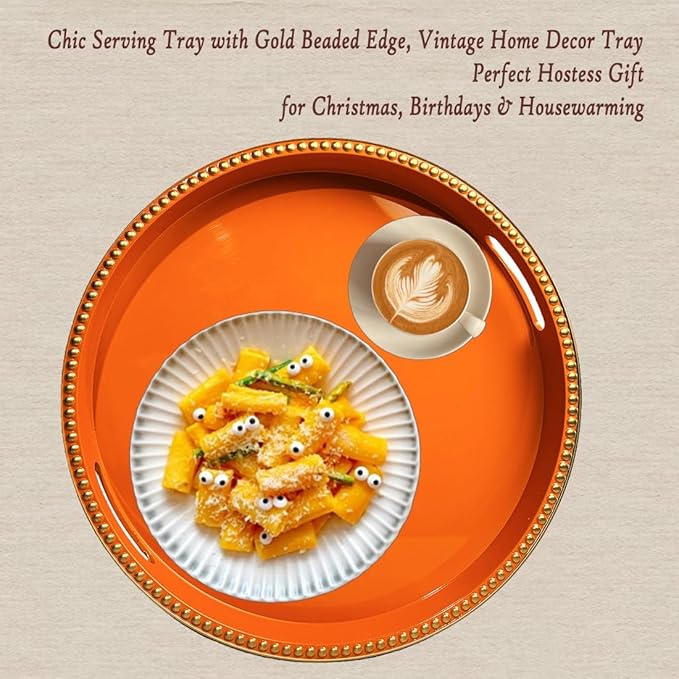 Orange Decorative Tray for Coffee Table, Round Beaded Plastic Serving Tray forKitchen Counter, Ottoman, Living Room,(13")