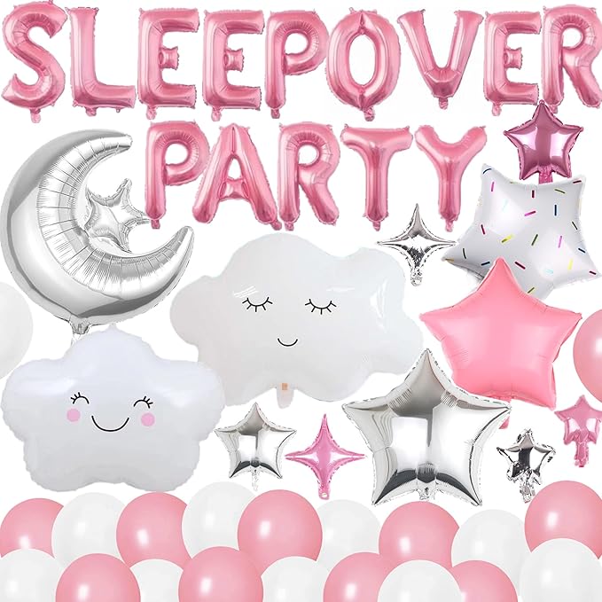 47 Pieces Sleepover Party Decoration Pink Sleepover Birthday Party Balloons Banner Cute Moon Star for Girls Pajamas Slumber Night Out Party Decoration (Pink)