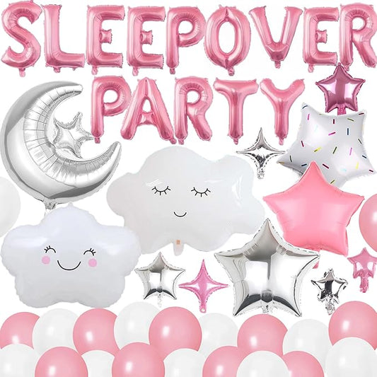 47 Pieces Sleepover Party Decoration Pink Sleepover Birthday Party Balloons Banner Cute Moon Star for Girls Pajamas Slumber Night Out Party Decoration (Pink)