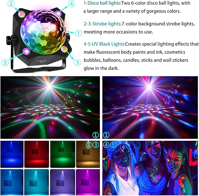 Disco Ball Light DJ Party Light，Sound Activated 6 Colors Stage Strobe Party Decorations for Outdoors and Indoors Home Club Karaoke Christmas Halloween Birthday Wedding Dancing Mood Lights