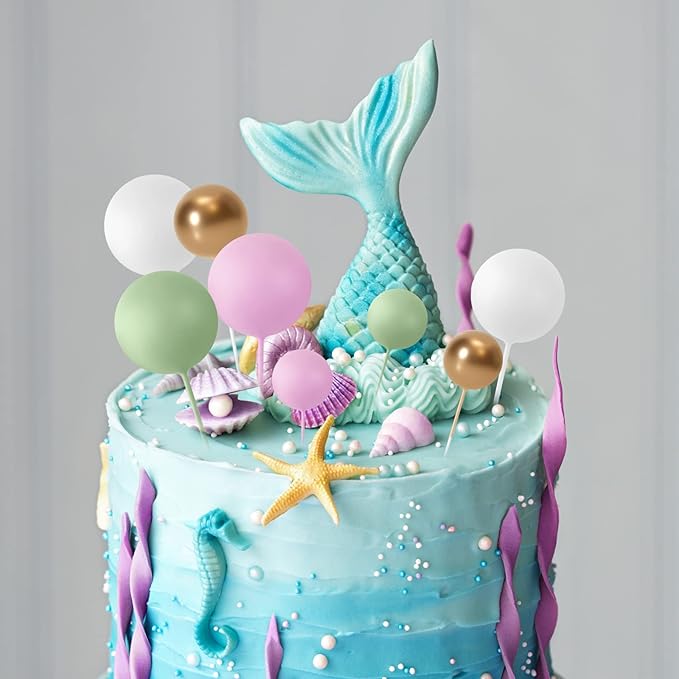 ASTARON Ball Cake Topper, 32 Pcs Foam & Wire Decorations, Mini Balloons Cake Topper Sticks, 4 Colors & Sizes for Wedding Party Birthday Cake Decorating