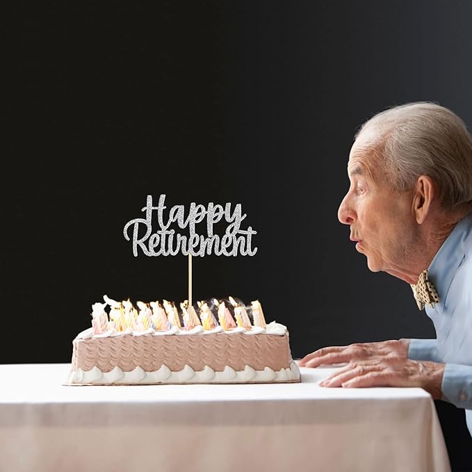 Gyufise Silver Happy Retirement Cake Topper Retirement Cake Decoration Picks for Retired Party Cake Decoration Party Supplies 1 Pack