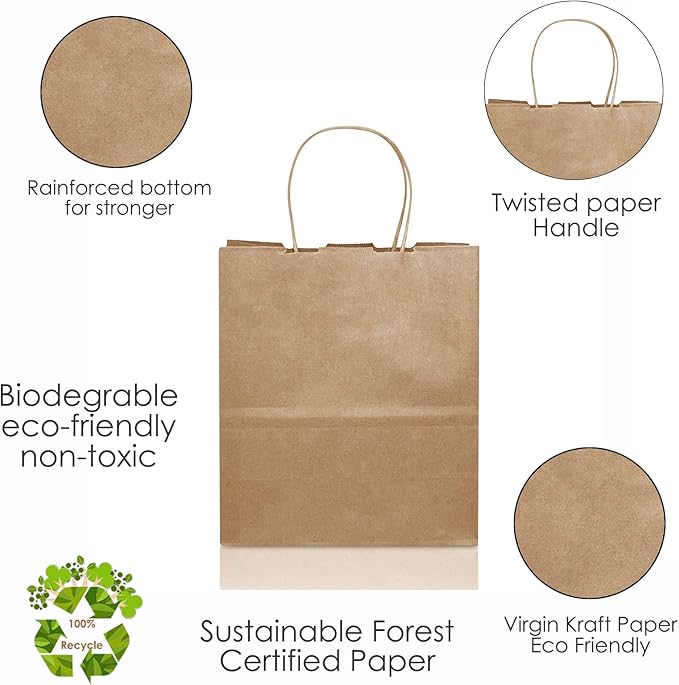 JET PAPER BAGS - 8”x4”x9” Inch [250 Pcs] Brown Paper Bags with Handles Prime for Takeout, Grocery, Goody, Retail, Party, Gifts, Weddings - Recyclable Kraft Paper Gift Bags with Handles