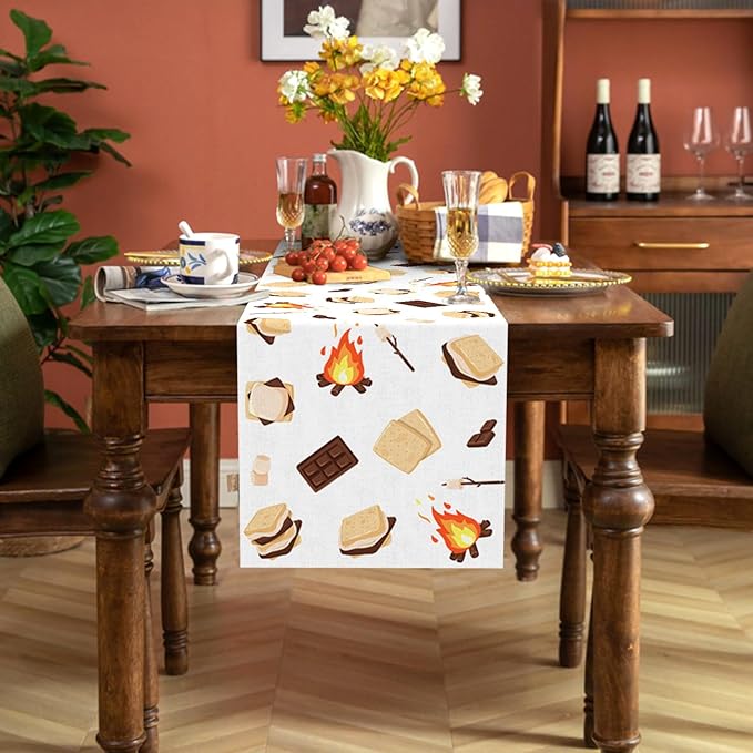 S'Mores Table Runner Bonfire Camping Party Decoration Dessert Birthday Dining Room Home Kitchen Table Decor (13" x 90")