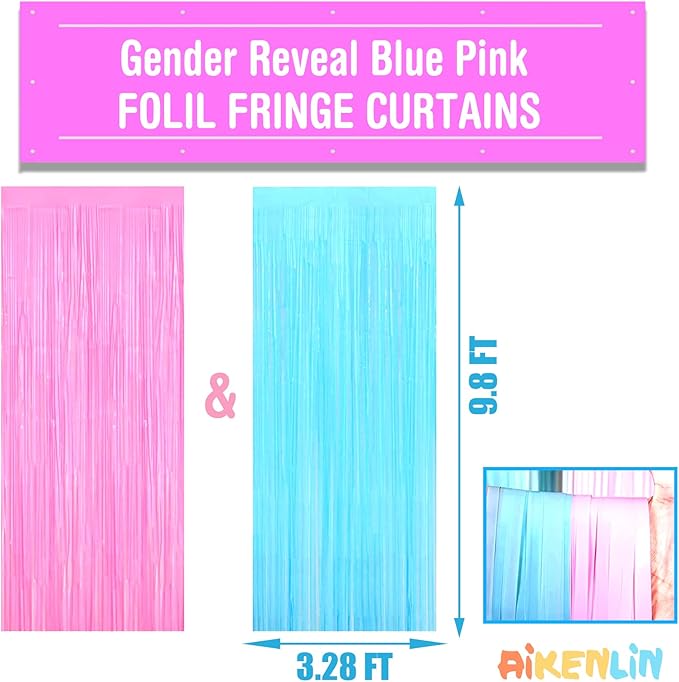 4 Pack 3.2Ft x 9.8Ft Macaron Pink Blue Foil Fringe Curtain Backdrop, Metallic Tinsel Foil Fringe Streamers for Photo Booth, Wedding, Gender Reveal Backdrop Boy or Girl Birthday Party Decoration