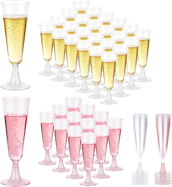 Plastic Champagne Flutes 50 Pack 5.5 Oz Plastic Champagne Glasses Disposable Mimosa Glasses Clear Unbreakable Toasting Cups for Wedding, Party, Birthday, New Years Eve Party Supplies(Pink & Clear)