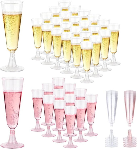 Plastic Champagne Flutes 50 Pack 5.5 Oz Plastic Champagne Glasses Disposable Mimosa Glasses Clear Unbreakable Toasting Cups for Wedding, Party, Birthday, New Years Eve Party Supplies(Pink & Clear)