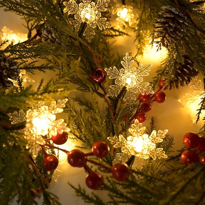 Christmas Garland Lights 6.56FT 20 Snow LED Pine Garland with Lights Battery Operated with Bells Red Berries Pinecones Cypress Greenery Garlands Decoration for Xmas Tree Mantle Door Stairs Home Decor
