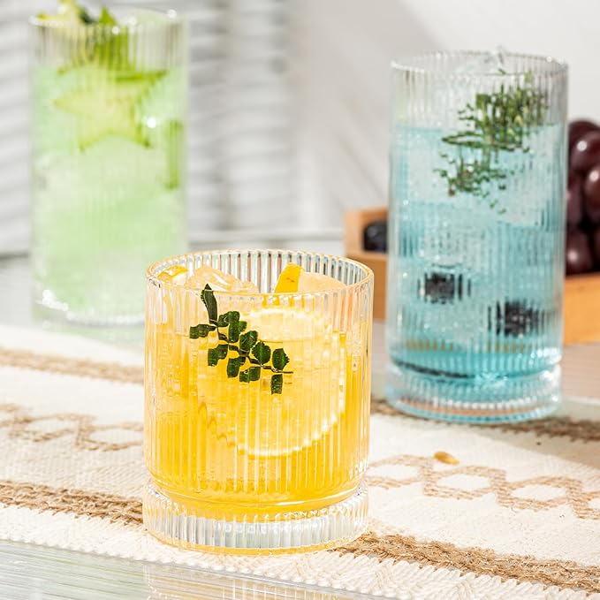 Ribbed Glass Cups Set, 390ml Vintage Drinking Glassware Set of 4, Cocktail Glasses, Low Ball Ribbed Glassware, Mixed Glassware Set, Premium Whiskey Glasses, Ideal for House of Glass