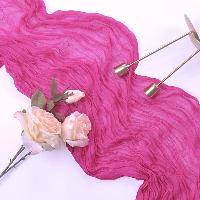 6 Pack Hot Pink Cheesecloth Table Runner 10FT Boho Gauze Fabric Table Runner 35 x 120 Inch Rustic Sheer Runner for Centerpiece Wedding Decor Baby Shower Party Table Decoration