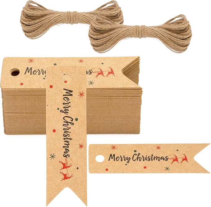 G2PLUS Small Merry Christmas Tags - 100Pcs Deer Kraft Paper Gift Tags with String for Gift Wrapping, Goodies Bags, Christmas Holiday Party Favors(2.8''x0.8'')