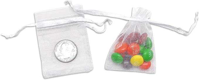 TheDisplayGuys 48-Pack 2" x 2-3/4" White Sheer Organza Gift Bags with Drawstring, Goodie Bags for Jewelry, Candy Bags, Treat Bags, Wedding Favors Small Mesh Bags