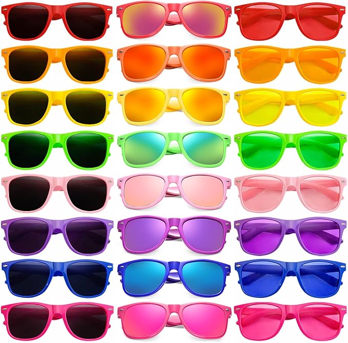 SUNOVELTIES 12/24 Pack Neon Party Sunglasses Mirrored/Jelly Lens Bulk Glasses Horn Rimmed Eyewear for Men Women