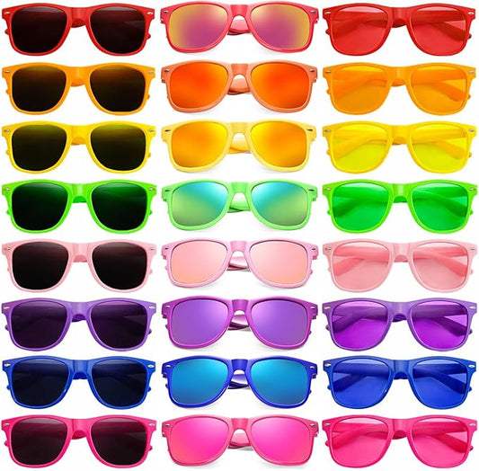 SUNOVELTIES 12/24 Pack Neon Party Sunglasses Mirrored/Jelly Lens Bulk Glasses Horn Rimmed Eyewear for Men Women
