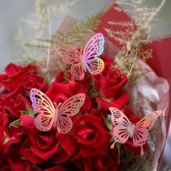 Laser Rose Gold Butterfly Wall Decor, 48Pcs Removable Graduation Grad Cap Decorations Cake Cupcake Toppers, 2 Styles 3 Sizes Paper Butterflies Stickers for Birtthday Party Baby Shower Girl Room Decals