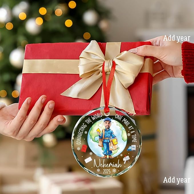 Personalized Photo Face Mailman Christmas Ornament 2025, Connecting The World One Mail at A Time Glass Ornament Gifts for Postal Worker, Custom Photo Name Mail Carrier Xmas Tree Hanging Ornaments