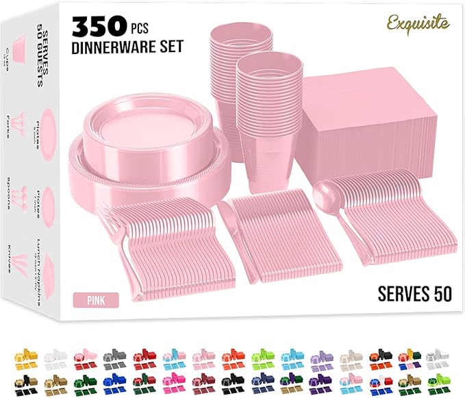 Party Solids 350 Pieces Pink Plastic Plates For Party, Pink Disposable Plates Set, 50 Of Each 9" Dinner Plate Set, 7" Dessert Plate, Cups, Napkins & Cutlery Plastic Dinnerware