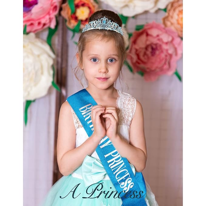 CIEHER Princess Crown and Sash Set, Blue Birthday Crown and Tiara for Girls and Women, Happy Birthday Accessories