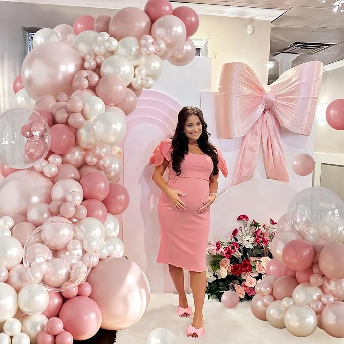 Dusty Pink Blush Balloon Arch Kit 108Pcs Double Stuffed Pearl pink White Balloons Pink Rose Blush Clear Balloons for Baby Shower Bridal Shower Wedding Birthday Party Decorations