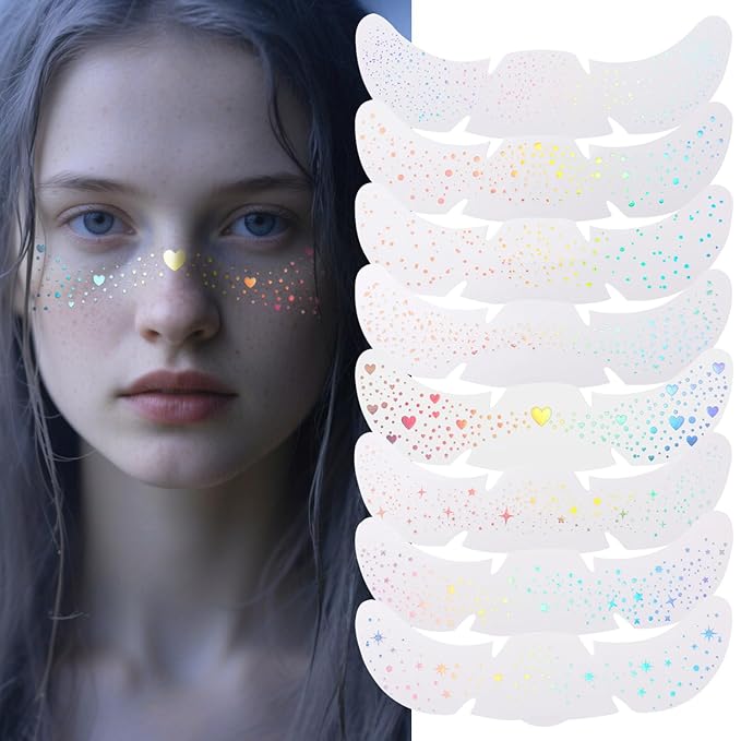 8 PCS Holographic Multicolor Glitter Freckles Face Tattoo, Makeup Patch, Faux Freckles Waterproof Temporary Tattoos Cute Glitter For Women and Kids Halloween Christmas (8PcsA Holographic Multicolor)