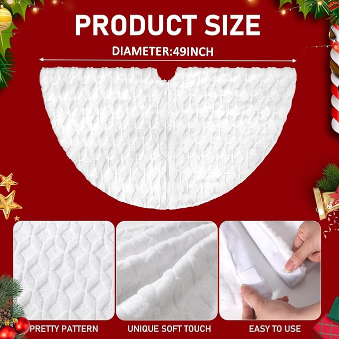 Christmas Tree Skirt 48 inches Faux Fur White Christmas Tree Skirt for Christmas Tree Decorations Winter Holiday Home Christmas Party Ornaments (White/Diamond)