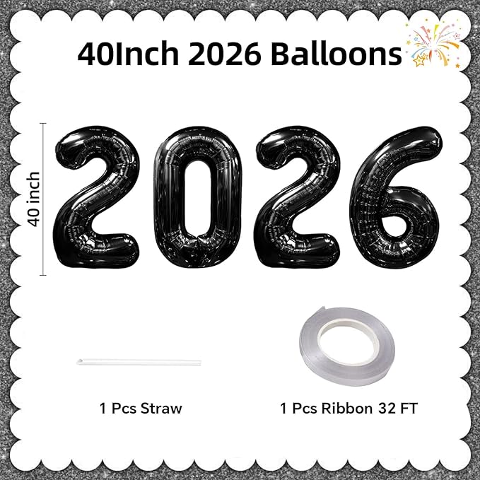KALOR 42 Inch 2026 Black Foil Mylar Number Balloons, Giant 2026 New Years Decorations for 2026 Happy New Year Eve and Graduations Party Supplies