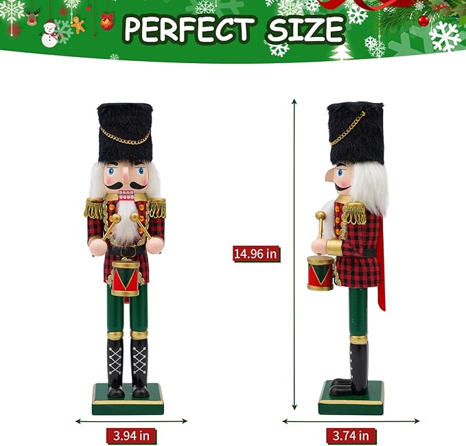 14" Wooden Drummer Nutcracker, Festive Christmas Decoration, Handcrafted Drummer Themed Nutcracker Collectible Christmas Decor for Tabletop, Shelves, and Fireplace Mantel (Drum)