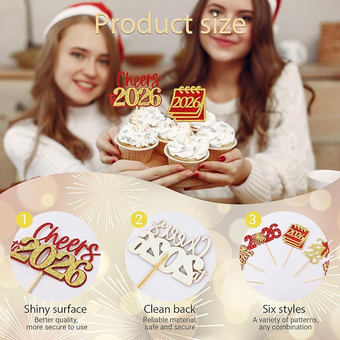 24 Pcs Happy New Year Cupcake Toppers Glitter 2026 Cupcake Picks Fireworks Hello 2026 Cake Decorations for Cheers to 2026 Happy New Year Party Supplies (Red & Gold)