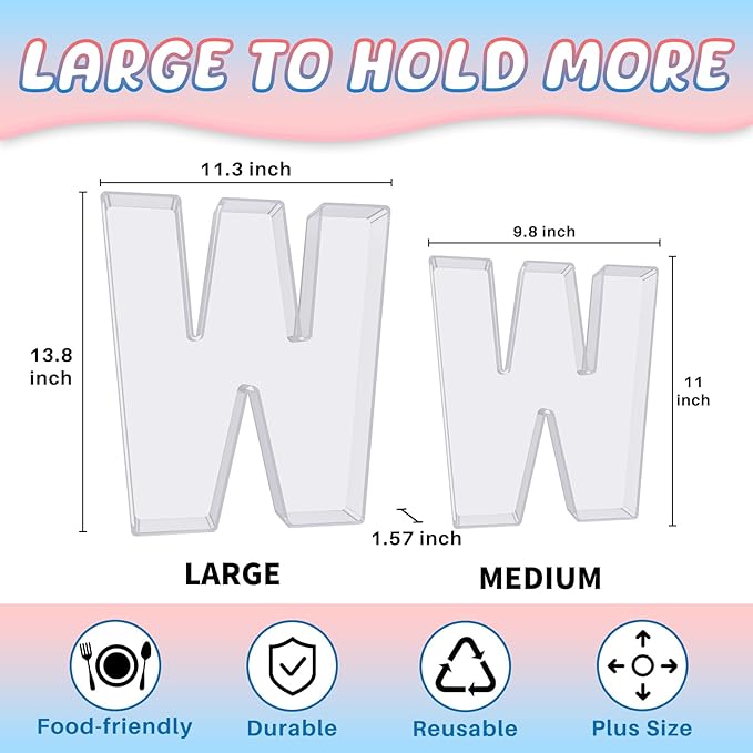 13.8" Extra Large Acrylic Letter Charcuterie Board Box, Reusable Fillable Letter Cake Candy Dish Display Serving Tray for Birthday Anniversary Party Decoration (W)