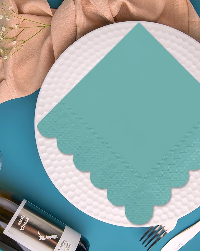 qiqee Vintage Green Cocktail Dinner Napkins 5x5inch Disposable Beverage,Wedding, Birthday Party Dessert Wave Paper Napkins(120 Count)