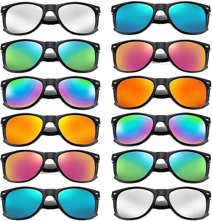 SUNOVELTIES 12/24 Pack Neon Party Sunglasses Mirrored/Jelly Lens Bulk Glasses Horn Rimmed Eyewear for Men Women