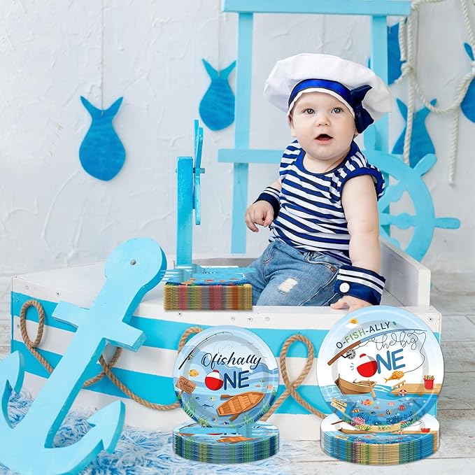 Ofishally One Birthday Party Decorations- 96PCS O Fishally One Plates and Napkins Party Supplies Fishing First Birthday Decorations 1st Fish Themed Disposable Paper Tableware Set Serves 24 Guests