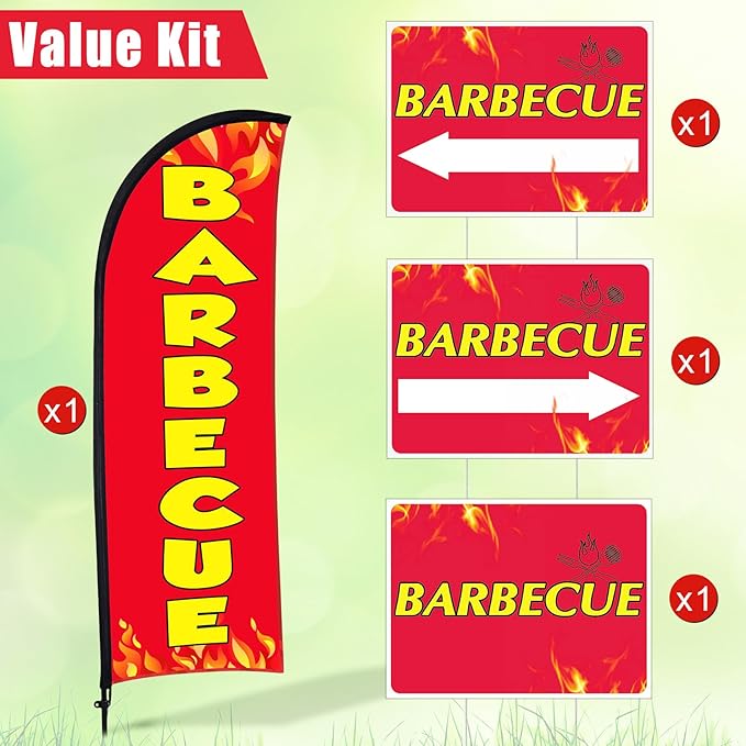 Buryeah BBQ Sign Banner Set Including 1 Pack Barbecue Feather Flag Banner 3 Pack Double Sided Directional Arrow Barbecue Yard Signs with Metal Stake for Business Advertising Outdoor Ground (Red)