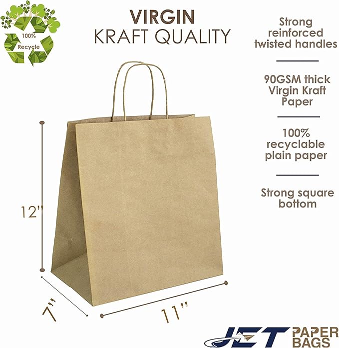 JET PAPER BAGS - Brown Paper Bags with Handles 11x7x12 Inch [25 Pcs] Prime for Takeout, Grocery, Goody, Retail, Party, Gifts, Weddings