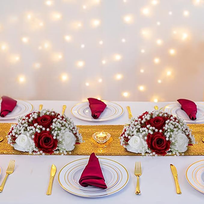 BLOSMON Fake Flowers Ball Wedding Centerpieces 2 Pcs Crimson Rose Babys Breath Artificial Flowers Center Pieces Decoration for Table Silk Kissing Floral Bouquet Arrangements for Home Party DIY Decor