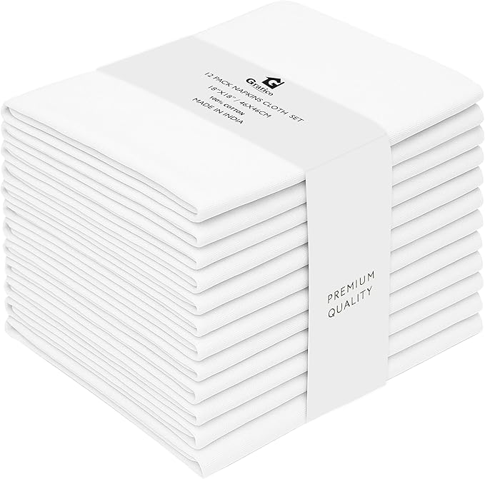 White Cloth Napkins Set of 12 100% Cotton Dinner Napkins Cloths Washable 18”x18” Absorbent Soft Durable Reusable-Ideal for Everyday Use Parties Wedding Thanks Giving Christmas Halloween