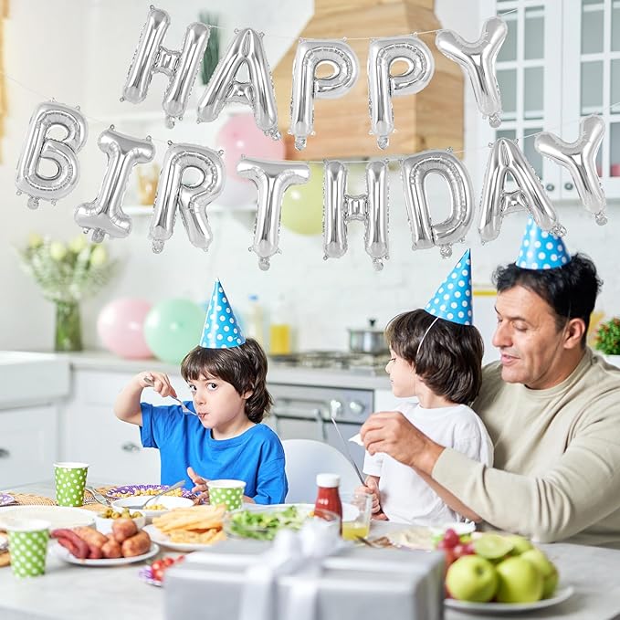 65 Pcs Silver Happy Birthday Balloons and 2 Sets A-Z Letters Foil Balloons, 16 Inch Personalized Name Happy Birthday Banners for Wedding Baby Shower Anniversary Party Decorations (Silver)