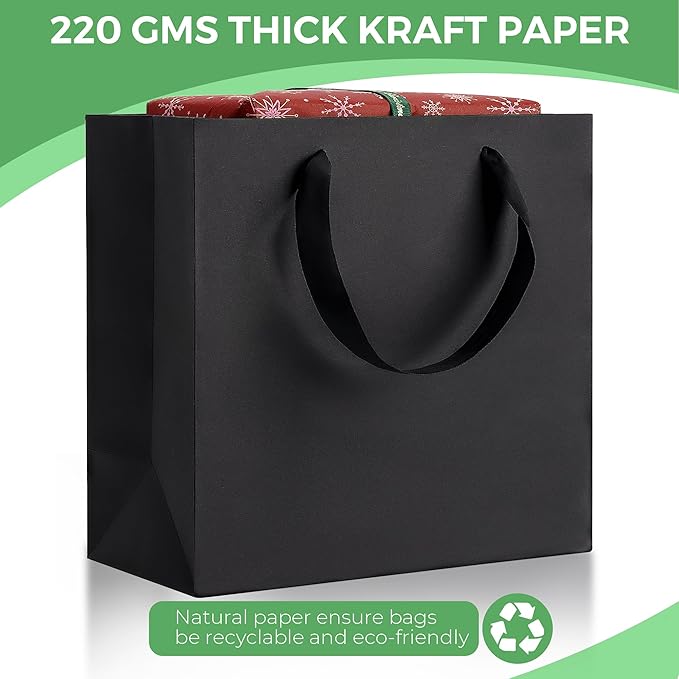 MOXARYSU Large Black Gift Bags: 12.5x4.5x11 Inch 12pcs Kraft Paper Bags Bulk For Party Shopping Birthday Wedding (L,12)