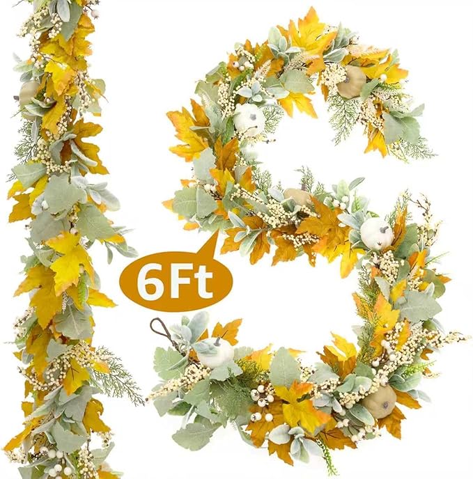 Fall Mantel Garland Decor for Home -5.8 Ft Autumn Leaves Table Garlands with Lights Decorations for Thanksgiving and Halloween Leaf Centerpieces for Bedroom Tables Stair Porch Outdoor Farmhouse