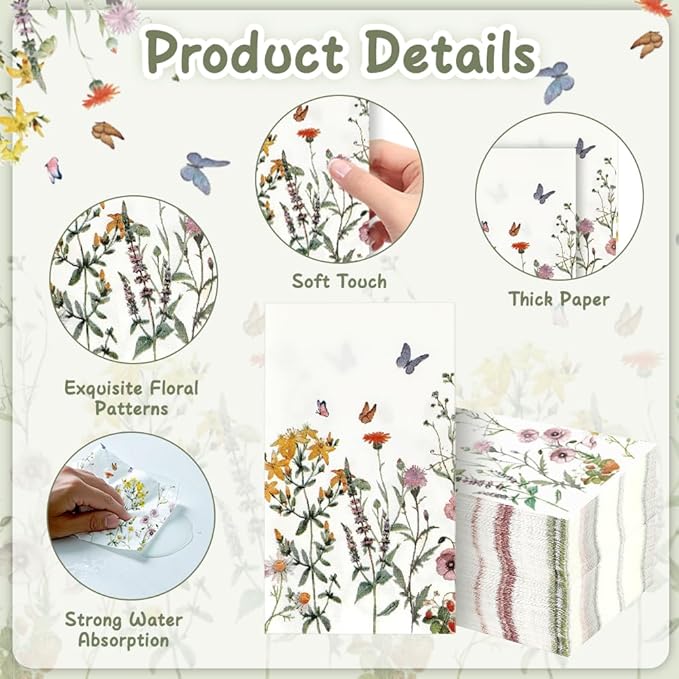Floral Napkins 100 Pcs Watercolor Floral Paper Napkins Disposable Decorative Florals Cocktail Napkin Spring Flower Napkin Wildflower Dinner Napkin Guest Hand Towels for Wedding Baby Shower Birthday