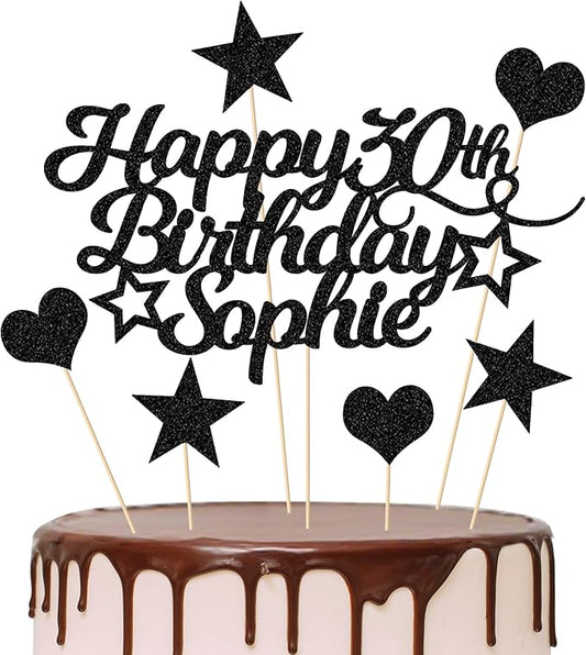Personalized Happy Birthday Cake Topper Customized with Any Age Name Party Cake Decoration 16 18 21 40 60 Double Sided Glitter Card Black
